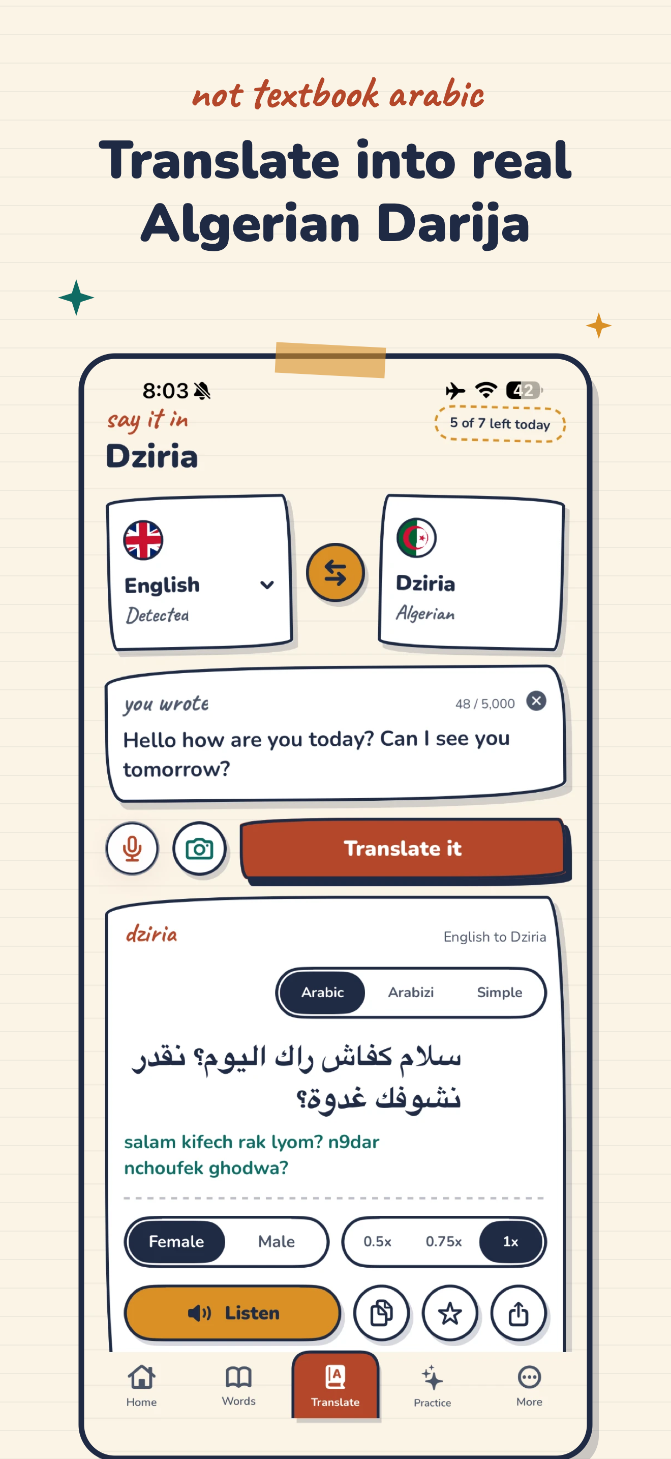 Dziria Translator showing an English to Algerian Darja translation